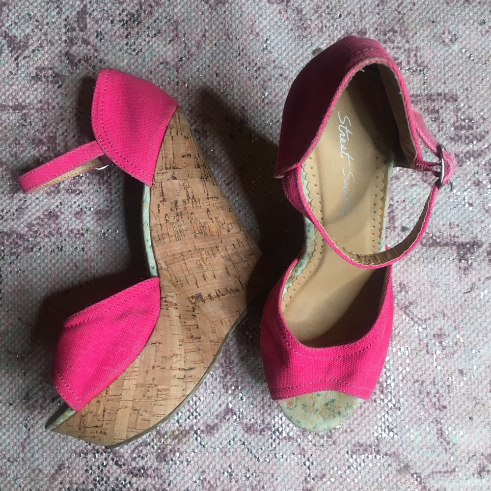 Pink denim wedges peep toe high heels ankle strap
